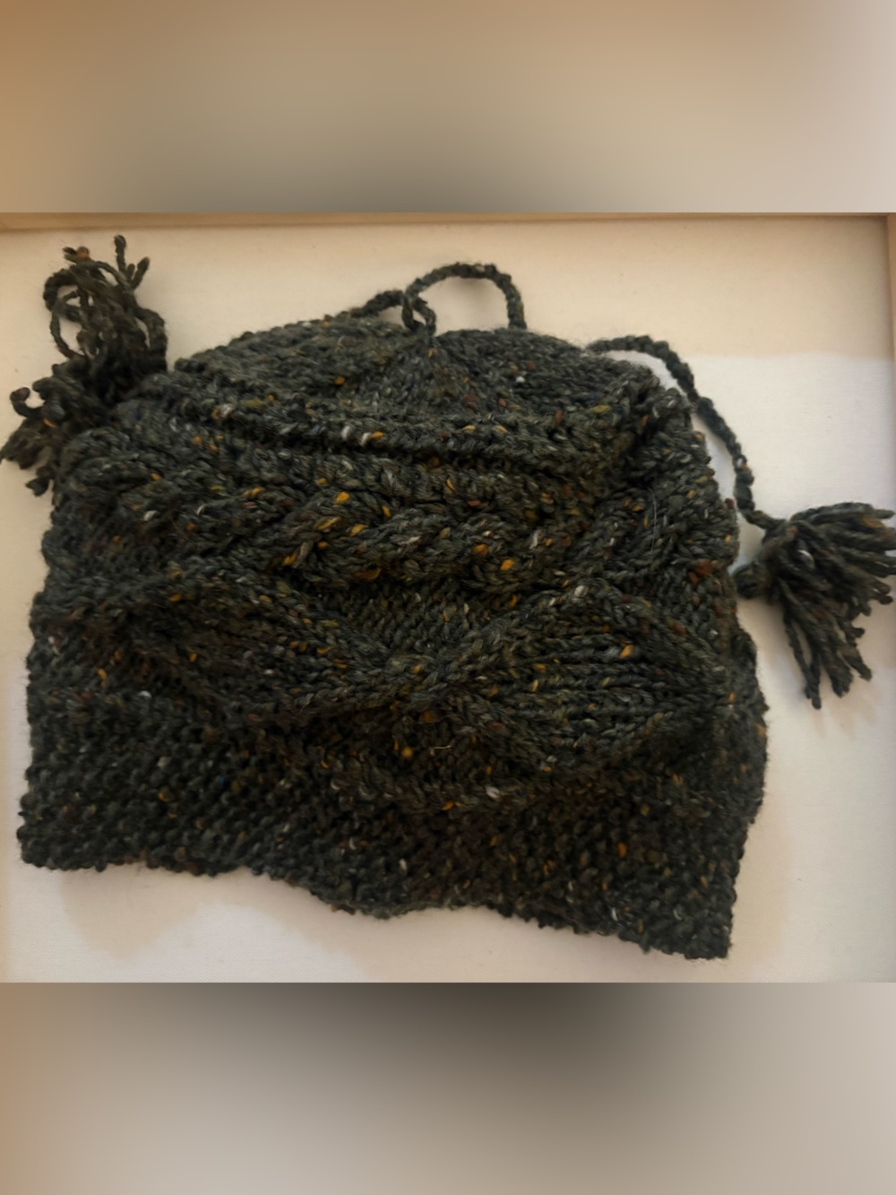 Hand-Knit Vintage CLEO Dark Green Cable Beanie with Tassels - Made in Ireland